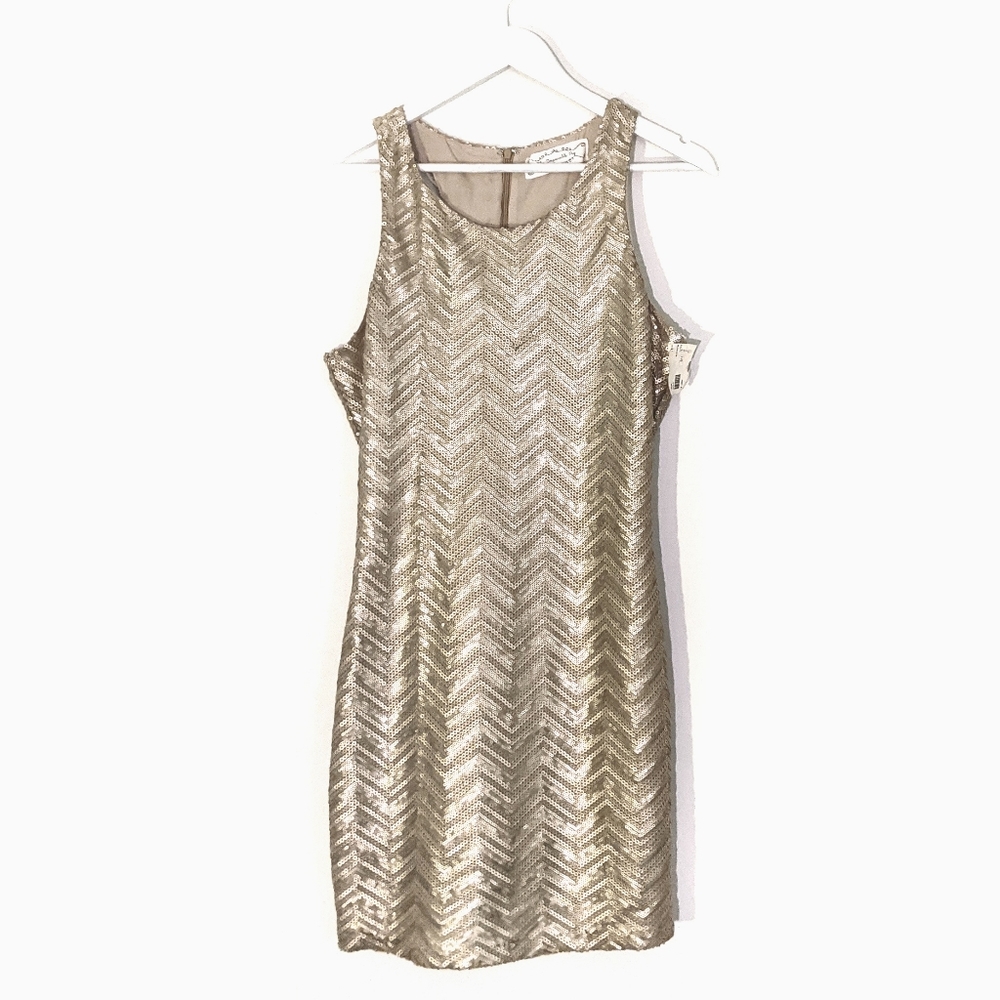 NWT Impeccable Pig L gold chevron sequin minidress